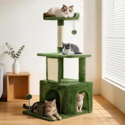32.8inch Small Cat Tree Tower Condo for Indoor Cats, Soft Plush Multi-Level Climbing Tree Cat House with Cat Cave, Scratching Post, Sisal Rope, Green - Image 2