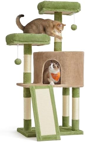 Feandrea Cat Tree, 45.3-Inch Cute Cat Tower, Climbing Condo, Green & Brown by FeandreabySONGMICSHOME