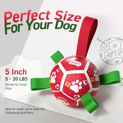 QDAN Small Christmas Dog Toys, Soccer Ball with Straps, Outdoor Interactive Toys for Tug of War, Puppy Birthday Gifts, Water Toy, Durable Dog Balls for Puppy (5 Inch) - Image 5
