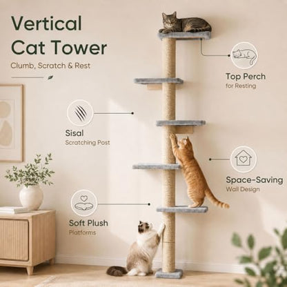80-Inch Wall-Mounted Cat Tree with Scratching Post & 5 Perches - Image 2