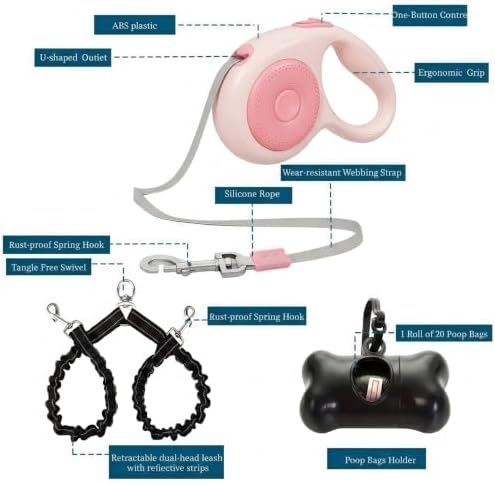 Dual Retractable Dog Leash for 2 Large Dogs (Up to 110 Lbs Each), One-button Break and Lock, Non-slip Grip, Double-headed, 16 FT Extendable Pet Leash with Poop Bags, and 360° Tangle-free (Pink, Large) - Image 2