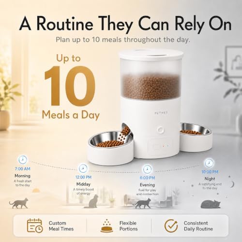 3L Dual Automatic Pet Feeder - Smart & Quiet Cat Automatic Feeders for 2 Cats with App Control, 2 Way Audio, Dual Power Options, Portion Control, Self-Feeding Cat Food Dispenser - White - Image 5