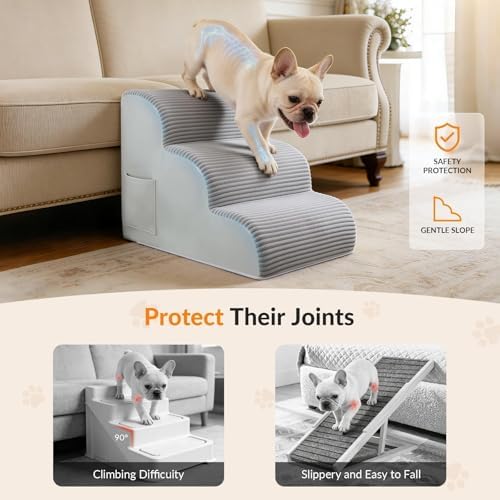 Dog Stairs for Couch and Chair,15.7" H 3-Step Pet Steps for Small Dogs and Cats, Non-Slip Sturdy Dog Ramp with Anti-Tip Safety Strap and Washable Cover,Balanced Ramp Indoor Pet Stairs - Image 5