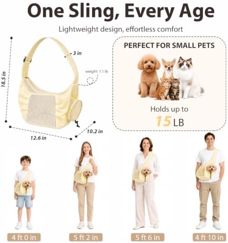 Dog Sling Carrier for Small Dogs & Cats Up to 15lbs, Hands Free Pet Carrier with Bottom Support and Large Pocket, Soft Breathable Mesh Cat Carrier Bag for Travel Hiking Walking (Yellow) - Image 4
