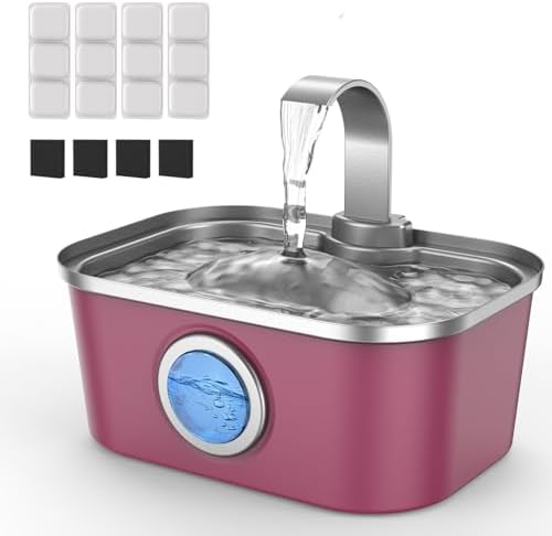 Bobo&Dragon Stainless Steel Cat Water Fountain, 124oz/3.5L Automatic Dog Water Dispenser - Ultra Quiet Faucet Flow, Smart Window & Fresh Filtered Hydration, Dishwasher Safe for Multi-Pet Cosmic Berry by BoboDragon