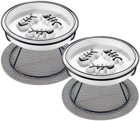 Ceramic Elevated Cat Bowls Set, Anti Vomit, Removable Dishes, Black 2-Pack by Trundisan
