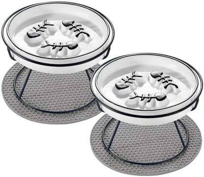 Ceramic Elevated Cat Bowls Set, Anti Vomit, Removable Dishes, Black 2-Pack by Trundisan