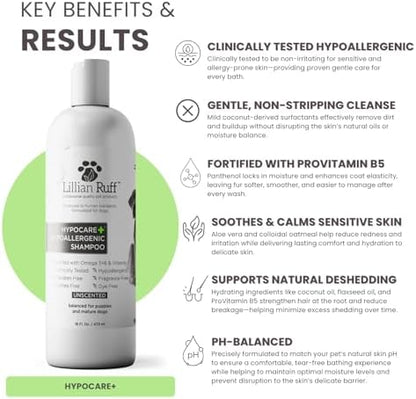 Lillian Ruff PRO Formula HypoCare+ Oatmeal Dog Shampoo | Clinically Tested Hypoallergenic Formula for Itch & Allergy Relief – Fragrance-Free with Aloe, Vitamin E & Pro-Vitamin B5 – Made in USA - Image 4