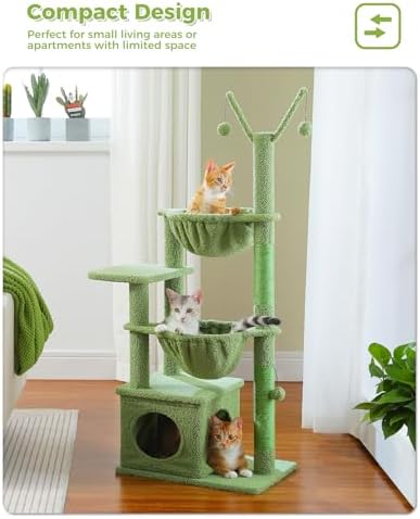 MUTTROS Cactus Cat Tree, 47.6" Cat Tower with 2 Metal Frame Hammock, Cat Scratching Post for Indoor Cats with 2 Removable Pompom Sticks for Kittens, Green - Image 7