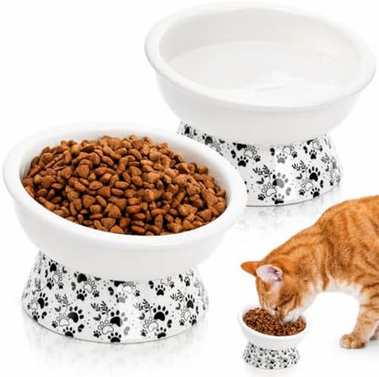 2 Pack Ceramic Elevated Cat Bowls, 6" Extra Wide Tilted Raised Pet Dish, Whisker Friendly Food and Water Bowl for Small Dogs, Anti Vomiting & Protect Pet's Spine, Microwave Dishwasher Safe by ELFULLY