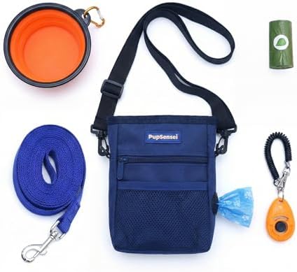 Dog Training Kit & Puppy Starter Set with 30ft Long Leash – Complete Recall System w/Magnetic Treat Pouch, Clicker, Collapsible Bowl & Waste Bags – Professional Tools (Navy Blue) by PupSensei