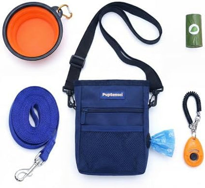 Dog Training Kit & Puppy Starter Set with 30ft Long Leash – Complete Recall System w/Magnetic Treat Pouch, Clicker, Collapsible Bowl & Waste Bags – Professional Tools (Navy Blue) by PupSensei