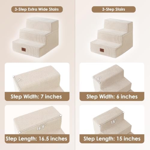 EHEYCIGA Dog Stairs 13.5" H, 3-Step Extra Wide Dog Steps, Beige - Image 2