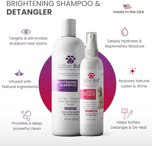 Lillian Ruff PRO Formula Ultra Brightening Dog Shampoo & Leave-in Conditioner Detangler Set - Professional Whitening, Stain Removal, Dematting, Detangling & Odor Control with Aloe & Provitamin B5 - Image 2