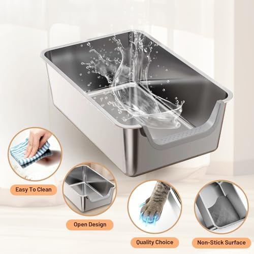 Stainless Steel Cat Litter Box, Steel Litter Pan with Curved Low Entry, Leak Proof 6 Inch High Side for Urine, Easy Entry for Kittens Older Cats, No Slip, 23.6" x 15.7" x 7.9", Grey - Image 4