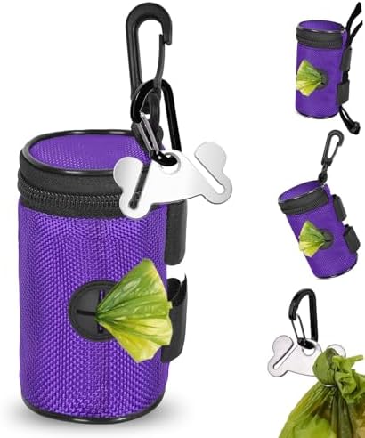 Dog Poop Bag Holder for Leash Attachment - Waste Bag Dispenser for Leash - Fits Any Dog Leash - Portable Set with Hand Free Holder Metal Carrier, Round Shape, Purple by Hilihali