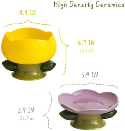 PIPIPET Raised Cat Bowls, Ceramic Flower Dish, Elevated Cat Food Bowls for Spine & Whisker Protection - Purple - Image 3