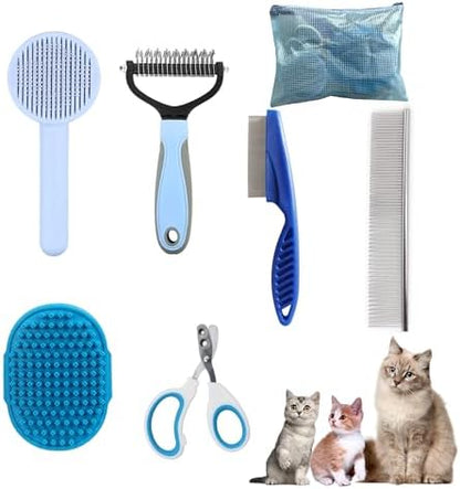 Cat Grooming Brush Kit 6 Tools - Deshedding & Dematting for Long/Short Hair, Self-Cleaning Slicker Brush with 6-in-1 Flea Comb for Cats & Kittens (Blue) by POSAPET