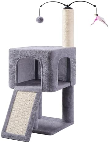 Roypet 32" Cat Tree for Indoor Cats, 2-in-1 Cat House with Sisal Scratching Post & Ramp, 2-Level Cat Tower with Rotatable Feather & Ball Toys, Stable Grey Cat Condo for Small/Medium Cats, Grey by ROYPET