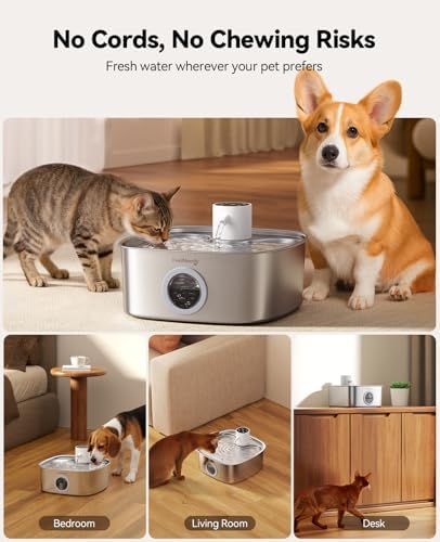Cordless Wider Tray Dog Water Fountain, 5000mAh Battery Operated Dog Water Bowl Dispenser with 3 Motion Sensor, FEELNEEDY Stainless Steel Pet Water Fountain for Multi-Pets, Easy Setup & Clean, 8L - Image 2