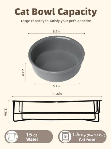 GDCZ Elevated 15 Oz Ceramic Double Cat Bowls with 11.6x2.5 Inch Stand (Grey) - Image 2