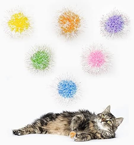 Andiker Cat Sparkle Balls, 6pcs 2.36 Inches Cat Pom Pom Ball Glitter Tinsel Kitten Balls Toy Foil Fuzzy Ball for DIY Craft Colorful Interactive Cats Toys for Indoor Cats to Keep Fit and Active (6Pcs) by Andiker-ServingforYou