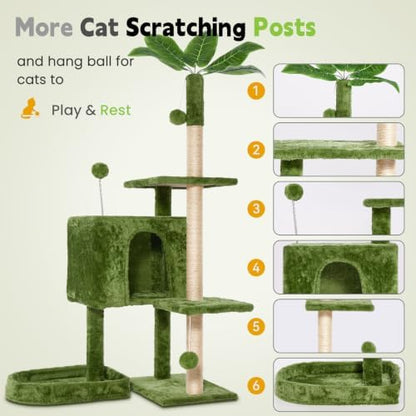 52inch Large Cat Tree Tower Condo with Hammock for Indoor Cats, Soft Plush Multi-Level Climbing Tree Cat House with Cat Cave, Scratching Post, Sisal Rope, Green - Image 7