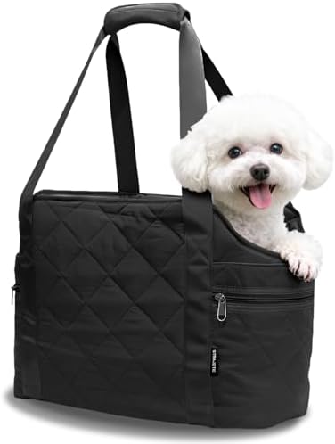 Lightweight Dog Purse Carrier for Small Dogs up to 15 lbs, Dog Tote Bag Puppy Carrier, Soft Plush Interior, Safety Leash Clip, 4 Side Pockets Dog Carrier Bag for Travel & Walking, Black by DogPurseCarrier