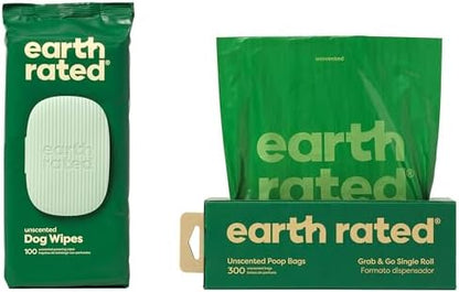 Earth Rated Dog Walking Essentials Bundle - Includes 300 Dog Waste Bags on Single Bulk Roll and 100 Dog Grooming Wipes, Unscented by EarthRated