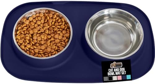 GORILLA GRIP Dog Bowl Set with Feeding Mat, 304 Stainless Steel, 2 Cup Navy by GorillaGrip