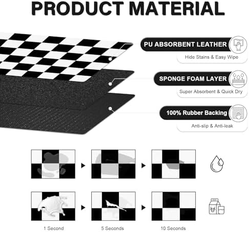 Cat Food Mat - 12"x 20" Cat Dog Mats for Food and Water Bowl, Checkered Pet Placemat Feeding Mat, Non-Slip Under Pet Bowls Mats for Messy Drinkers, Black & White - Image 2