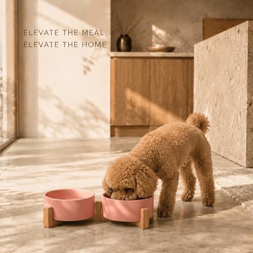 SPUNKYJUNKY Ceramic Dog and Cat Bowl with Wood Stand Non-Slip Matte Glaze Weighted Food Water Set for Cats &Small Dogs 13.5 OZ - Image 2