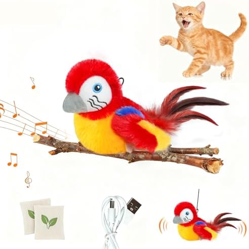 Cat Toys Flapping Bird(Cannot Fly), Electric Simulated Chirping Bird Interactive Kitten Toy with Flappy Wings, Rechargeable Touch Activated Toy with Catnip and Feather for Indoor Cats - Red by Lepawit