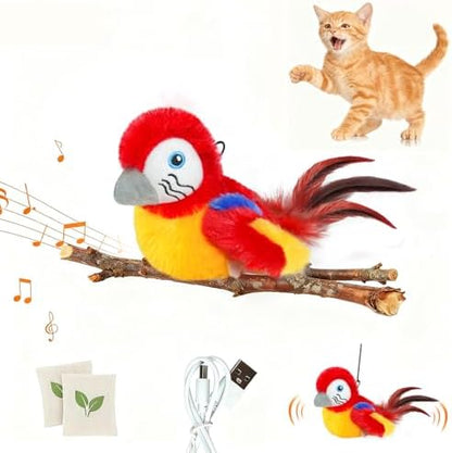 Cat Toys Flapping Bird(Cannot Fly), Electric Simulated Chirping Bird Interactive Kitten Toy with Flappy Wings, Rechargeable Touch Activated Toy with Catnip and Feather for Indoor Cats - Red by Lepawit