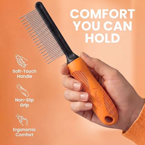 Poodle Grooming Comb - Metal Dematting Comb with Long & Short Stainless Steel Teeth for Removing Matted Hair & Knots, Safe and Gentle for Dogs & Cats (Orange) - Image 4