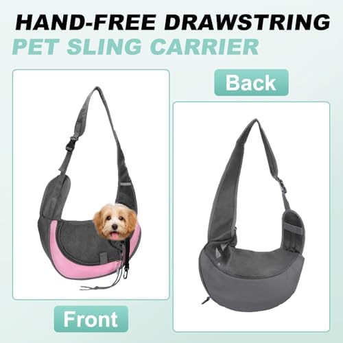 Dog Sling Carrier for Small Pet Up to 13.2 lbs Hand-Free Drawstring Pet Sling Carrier with Safety Hook & Adjustable Strap, (Pink, 1 Pcs) Intended for Hiking and Camping - Image 4