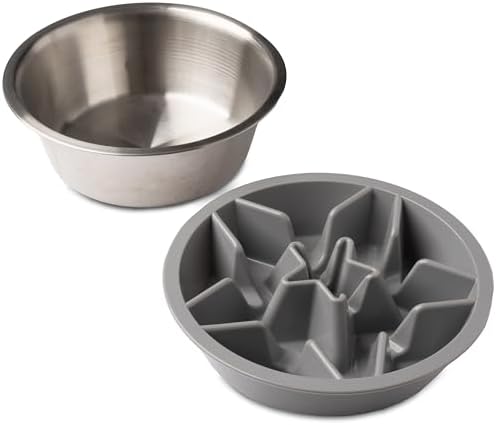Leash Boss 2-Pack Slow Feeder Dog Bowls (2 Cup) Puzzle Dog Food Bowl with Stainless Steel Bowl - Fits into Elevated Pet Feeders - Slow Eating for Large, Medium & Small Sized Breeds, White by LeashBoss