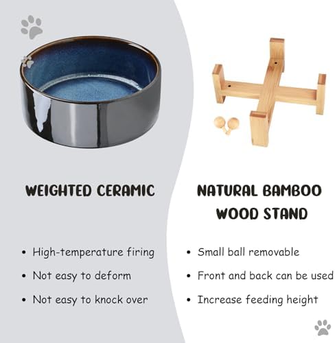 SPUNKYJUNKY 15° Slanted Ceramic Dog and Cat Bowl with Wooden Stand, Tilted Bulldog Food and Water Bowl No Slip Non-Spill for Cats Medium Dogs Big Face Pets 28.7 OZ (3.6 Cups, Starry Blue) - Image 7