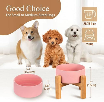 Ceramic Elevated Dog Bowl with Bamboo Stand, for Small & Medium Dog, Pink - Image 2