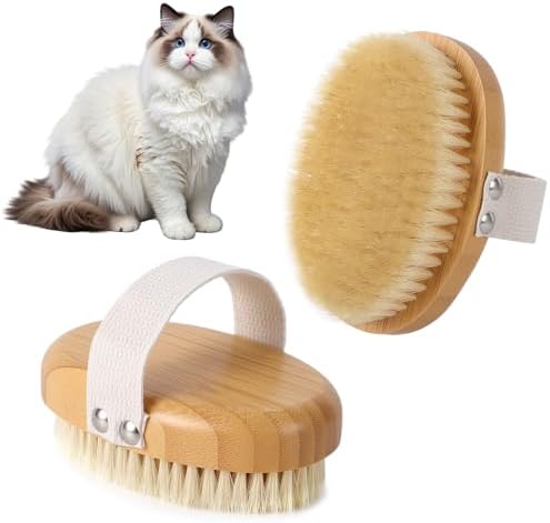 Boar Bristle Cat Brush for Indoor Cats, Cat Hair Brush Gentle Grooming, Reduce Shedding, Soft Hair and Healthy Shine, Bamboo Handheld with Soft Boar Bristles and Band for Short Haired Cats Dogs by Myselect