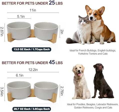Dog Food Bowl Set, 13.5 oz Ceramic Bowls with Wood Stand, Grey - Image 4