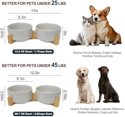 Dog Food Bowl Set, 13.5 oz Ceramic Bowls with Wood Stand, Grey - Image 4