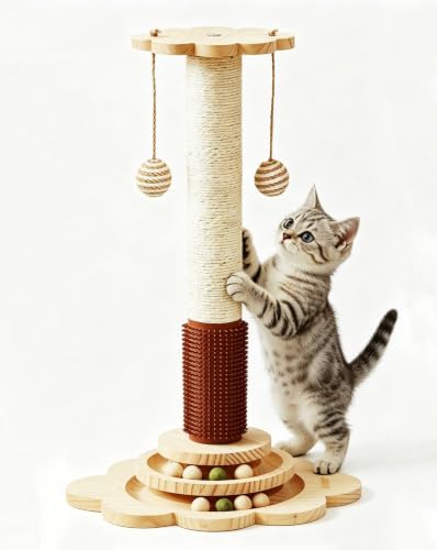 Cat Sisal Scratching Post, 4 in 1 Wooden Cat Scratcher Toy with Groomer, 24" Tall Scratch Post with 2-Layer Interactive Track Balls, Cat Climbing Tree with 2 Hanging Balls for Kittens by Khalor
