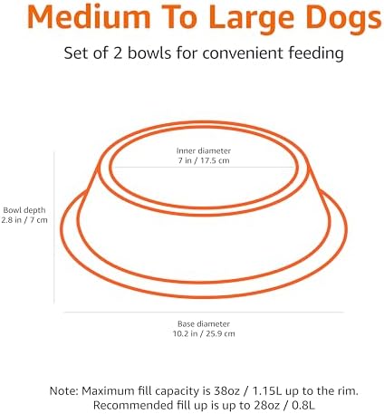 Amazon Basics Stainless Steel Non-Skid Dog Water And Food Bowls, Dishwasher Safe, Rust Resistant, 38oz Capacity, 10 x 2.8 Inches, 2-Pack - Image 2
