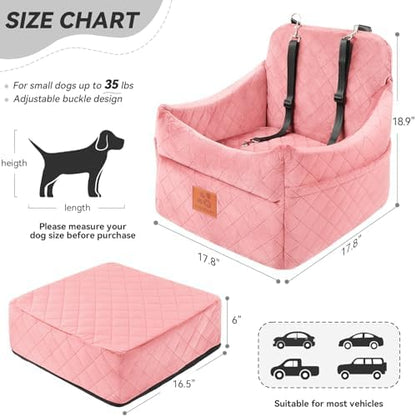 Dog Car Seat for Small/Medium Dogs, Dog Booster Car Seats with Thick Cushion for Dogs Under 35lbs, Detachable Washable Pet Bed with Storage Pockets, 2 Safety Belts (Pink) - Image 5