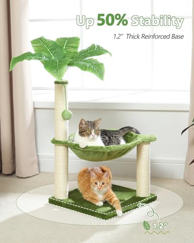 MUTTROS Small Cat Tree, 28" Cat Tower with Sisal Scratching Posts and Coconut Leaves for Indoor Small Cats, Large Hammock and Dangling Ball for Kittens, Green - Image 4