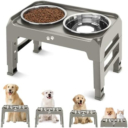 Elevated Bowls, 4 Height Adjustable Raised Stand With 2 Thick 50oz Stainless Steel Food Bowls, Non-Slip Feeder for Dogs, Adjusts to 3.7", 9.2", 10.75", 12.36" Light Brownish Gray by COMESOON