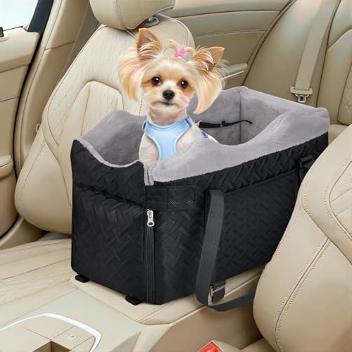 SlowTon Console Dog Car Seat - Portable Center Dog Car Seat for Small Dogs up to 9 lbs, Washable Pet Carseat with Soft Cushion Safe Protection Hooks & Storage Pocket, Black by SlowTon