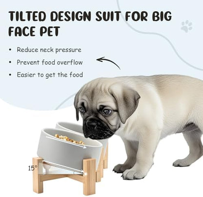 SPUNKYJUNKY 15° Slanted Ceramic Dog and Cat Bowl with Wooden Stand, Tilted Bulldog Food and Water Bowl No Slip Non-Spill for Cats Medium Dogs Big Face Pets 13.5 OZ (1.7 Cups, Grey × 2) - Image 2