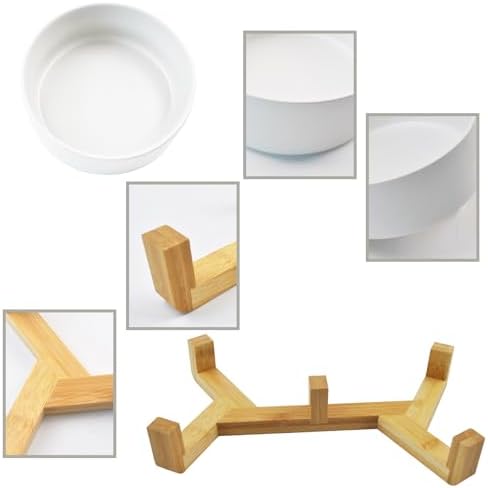 Ceramic Cat Bowls with Bamboo Stand,Non-Slip Small Dog Food and Water Bowl Set Non-Spill Cats Feeder Dish Modern Cute Weighted Cat Dishes for Small Dogs Puppy Cats Kitten(White) - Image 4